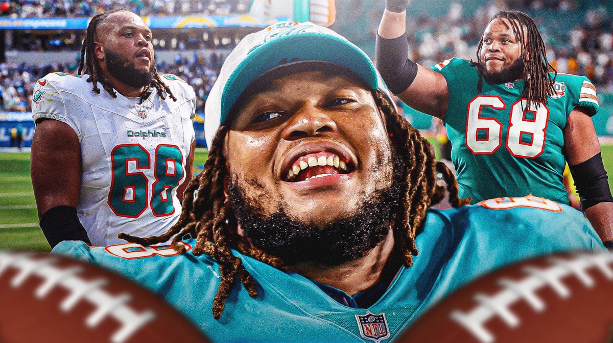 Miami Dolphins offensive lineman Robert Hunt in front of Hard Rock Stadium.