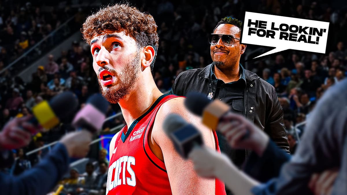 Rockets' Alperen Sengun in the middle with people shoving microphones in his face in front of him. Paul Pierce in the left hand corner with a chat bubble saying He lookin' for real!