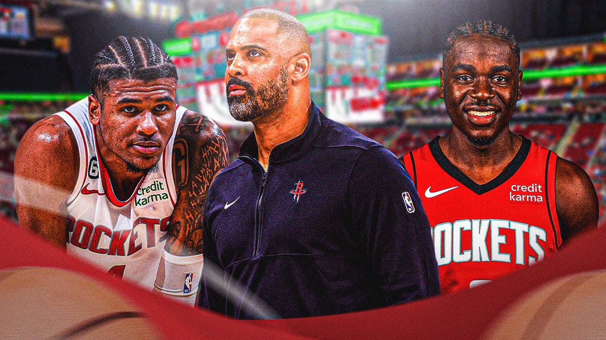Rockets HC Ime Udoka in the middle, with Jalen Green on the left looking frustrated and Aaron Holiday (Rockets uni) on the right smiling