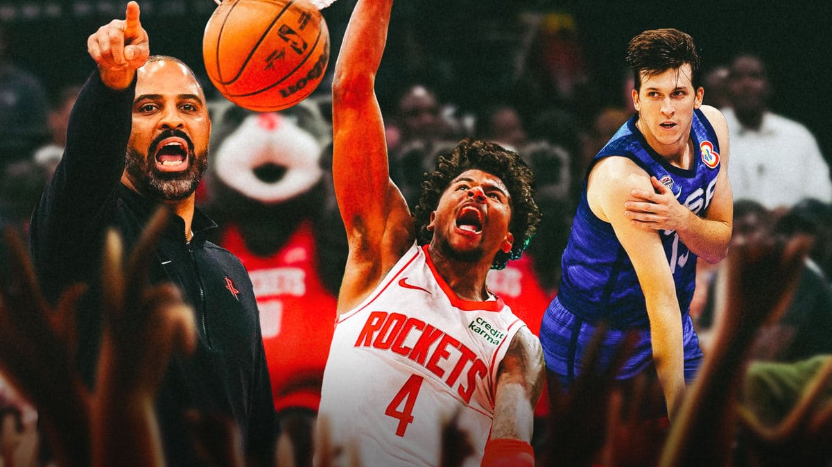 Rockets HC Ime Udoka hyped up, with Jalen Green dunking in the middle and Lakers' Austin Reaves celebrating in a Team USA uni on the right