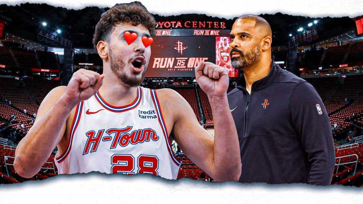 Aperen Sengun with heart eyes looking at Ime Udoka