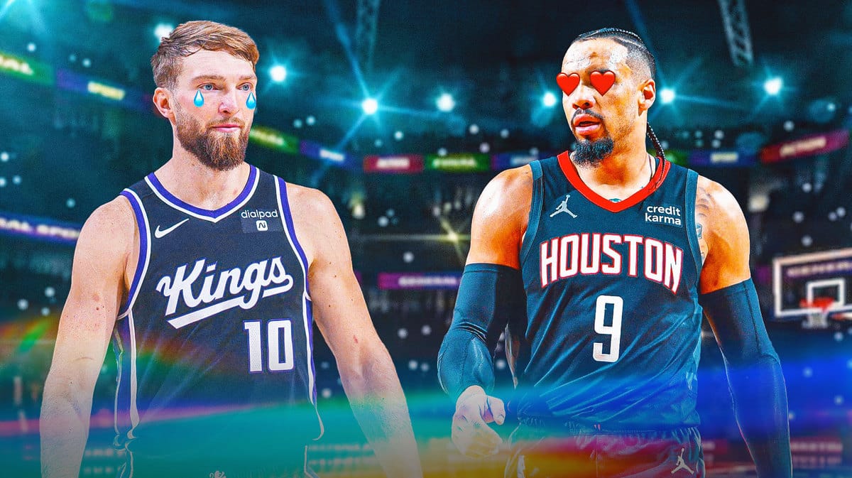 Rockets' Dillon Brooks with heart eyes. Kings' Domantas Sabonis with animated tears