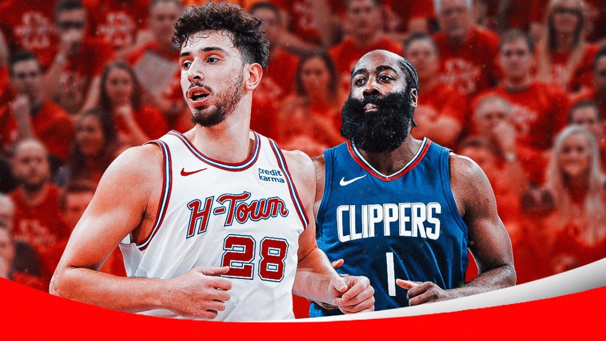 Alperen Sengun as the face of the Houston Rockets with James Harden behind him on his left shoulder and nodding to him in the background