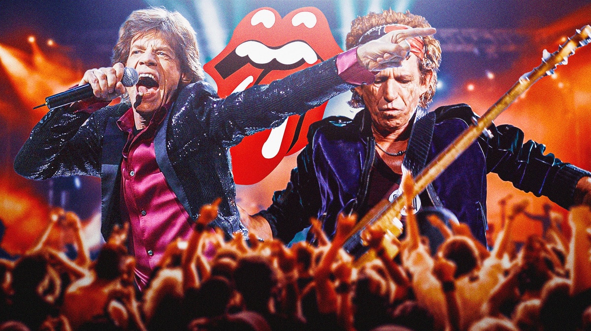 Mick Jagger and Keith Richards with the Rolling Stones logo with concert background.