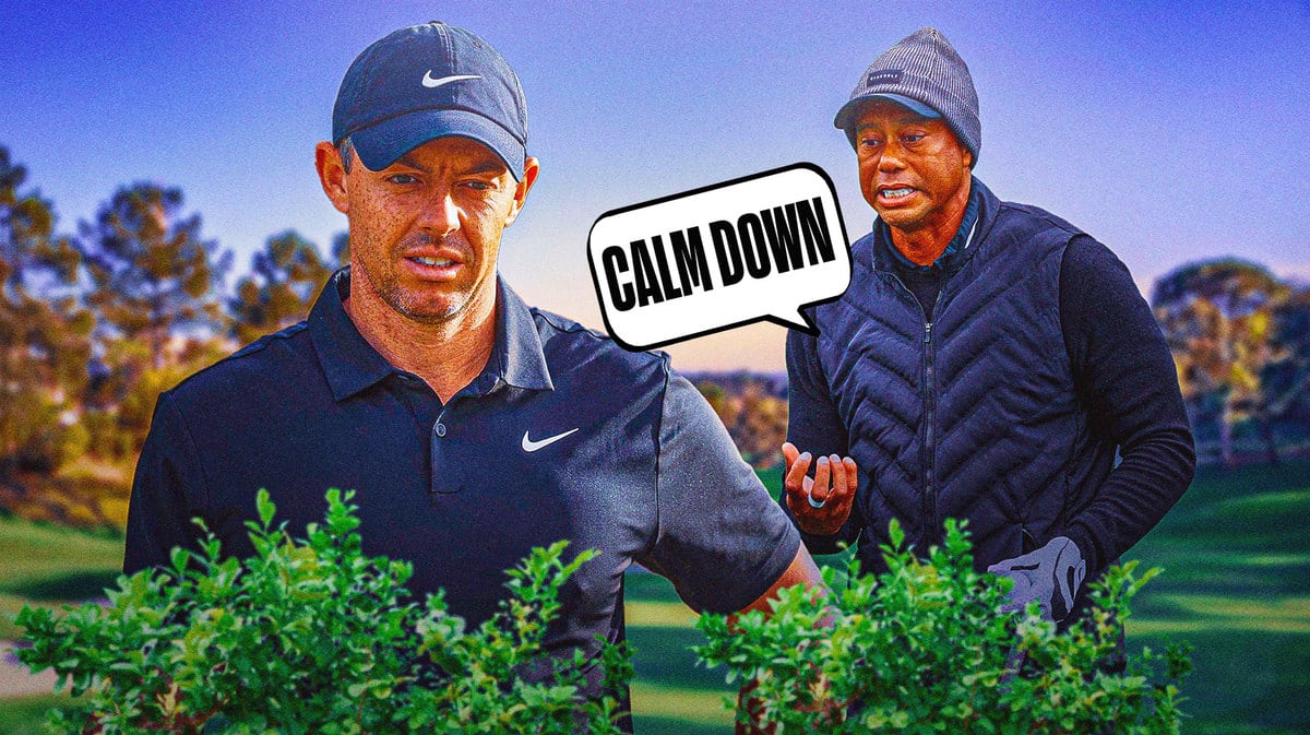 Rory McIlroy next to Tiger Woods with Woods saying 'Calm down"