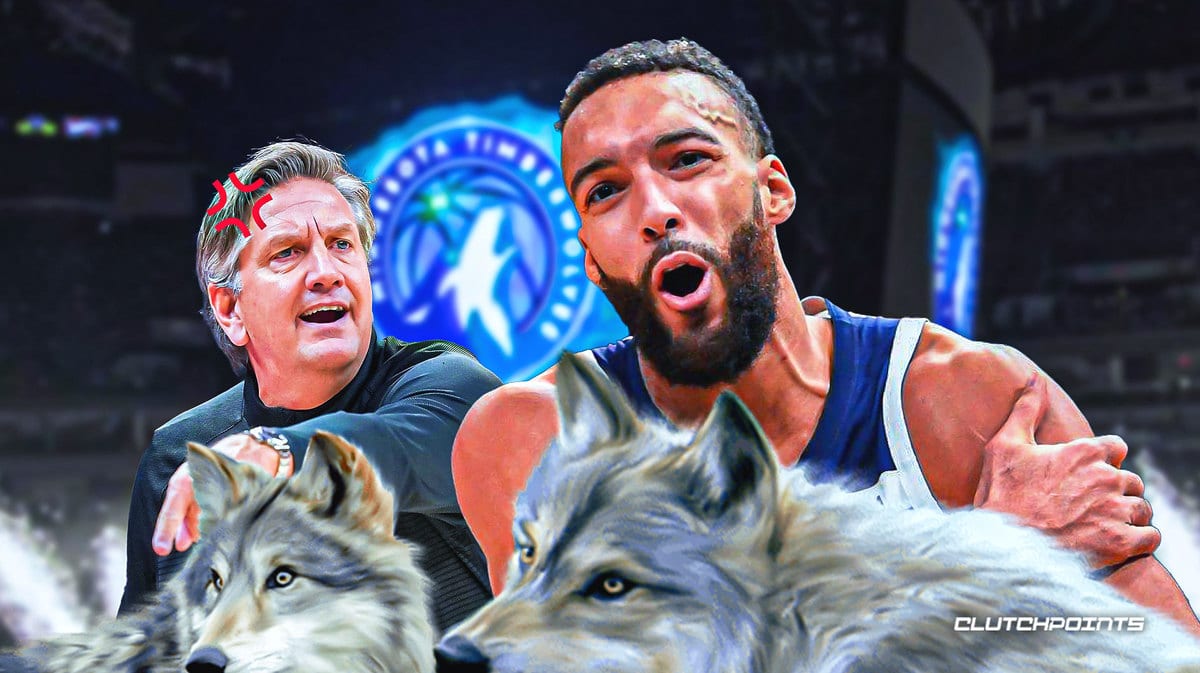 Timberwolves' Chris Finch and Rudy Gobert with Wolves in front of them