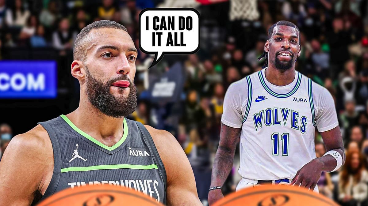 Rudy Gobert with a text bubble saying “I can do it all” and Naz Reid smiling. In front of Target Center