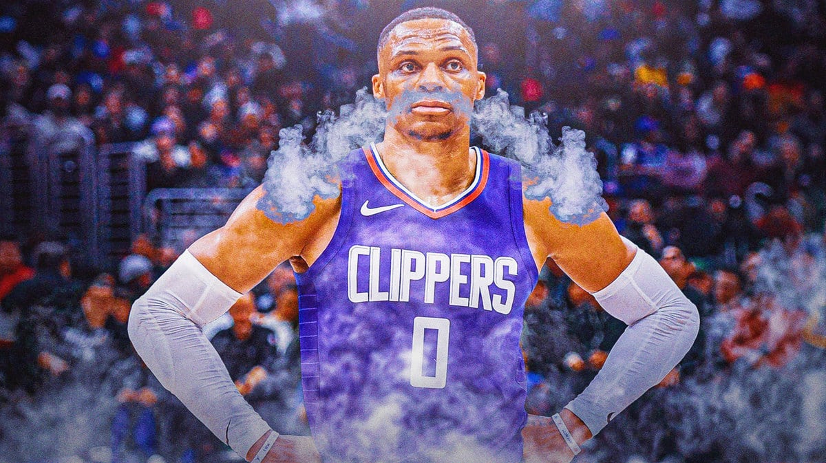 Clippers guard Russell Westbrook with woke eyes and smoke coming out his nose