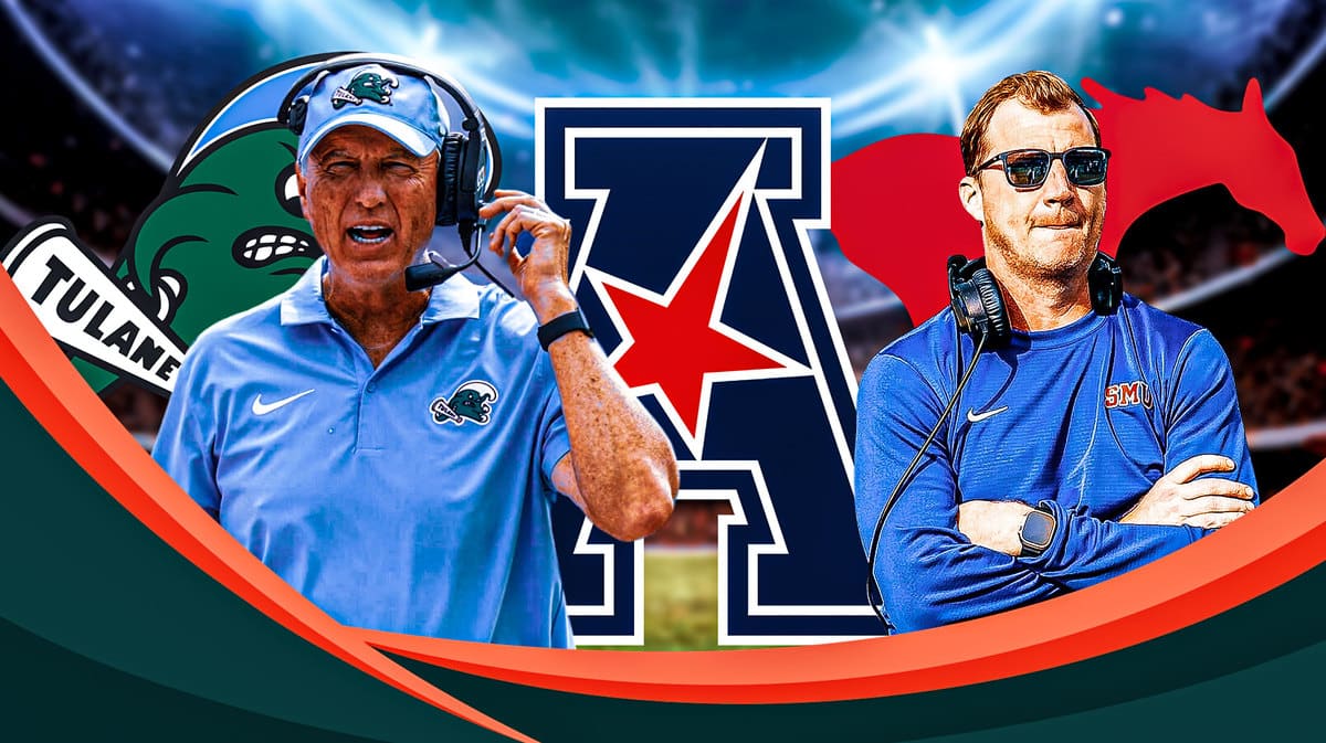 Willie Fritz, Tulane logo vs. Rhett Lashlee, SMU logo. AAC logo in the middle.