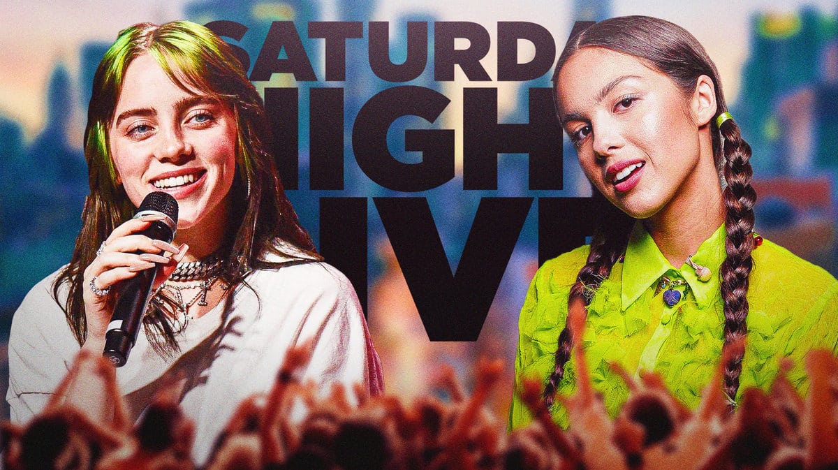 Billie Eilish and Olivia Rodrigo in front of the logo for Saturday Night Live