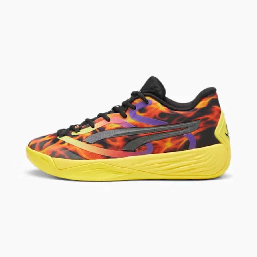 STEWIE x FIRE Stewie 2 Women's Basketball Shoes - PUMA Black/Pelé Yellow/Nrgy Red/Purple Glimmer colorway on a light gray background.