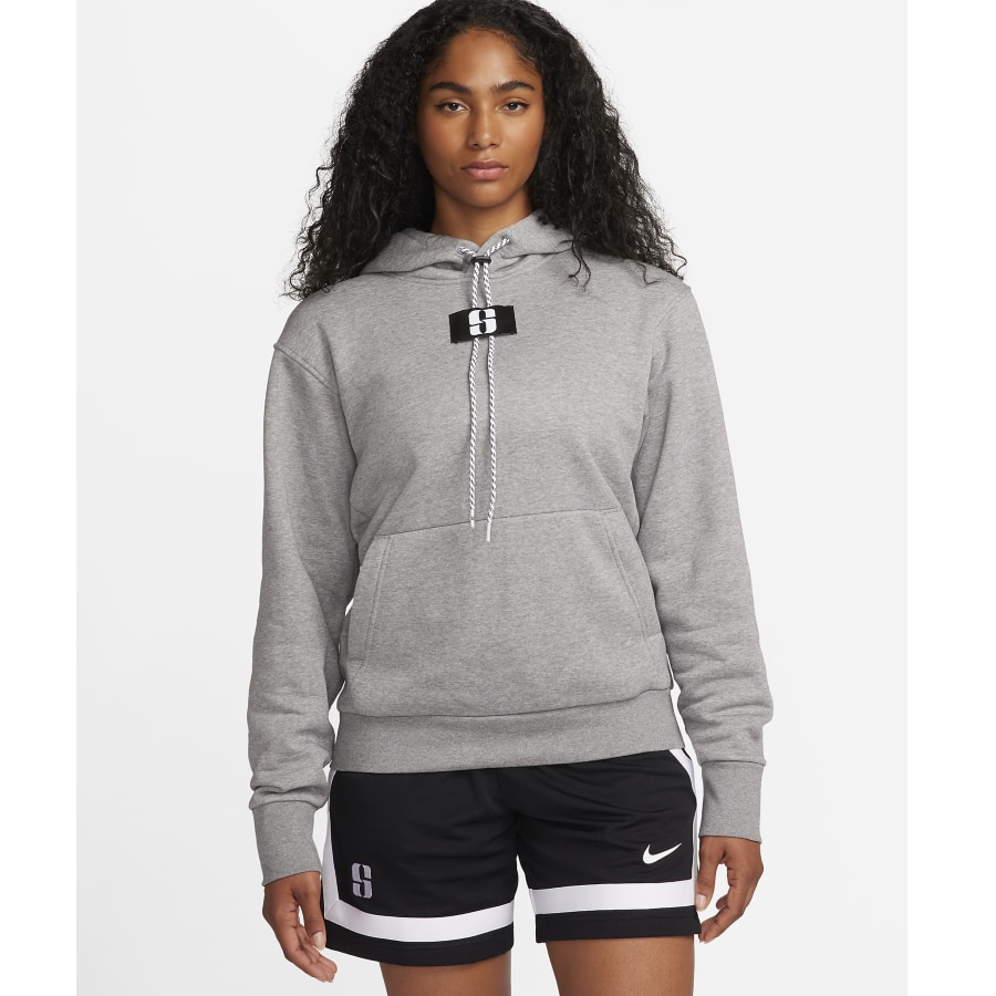 Sabrina Fleece Basketball Hoodie - Carbon Heather/Black/White colorway on a model on a light gray background.