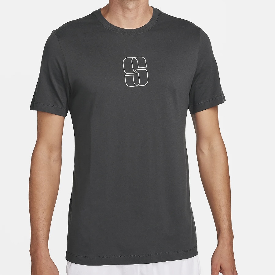 Sabrina Men's Dri-FIT Basketball T-Shirt - Anthracite color on a model on a light gray background.