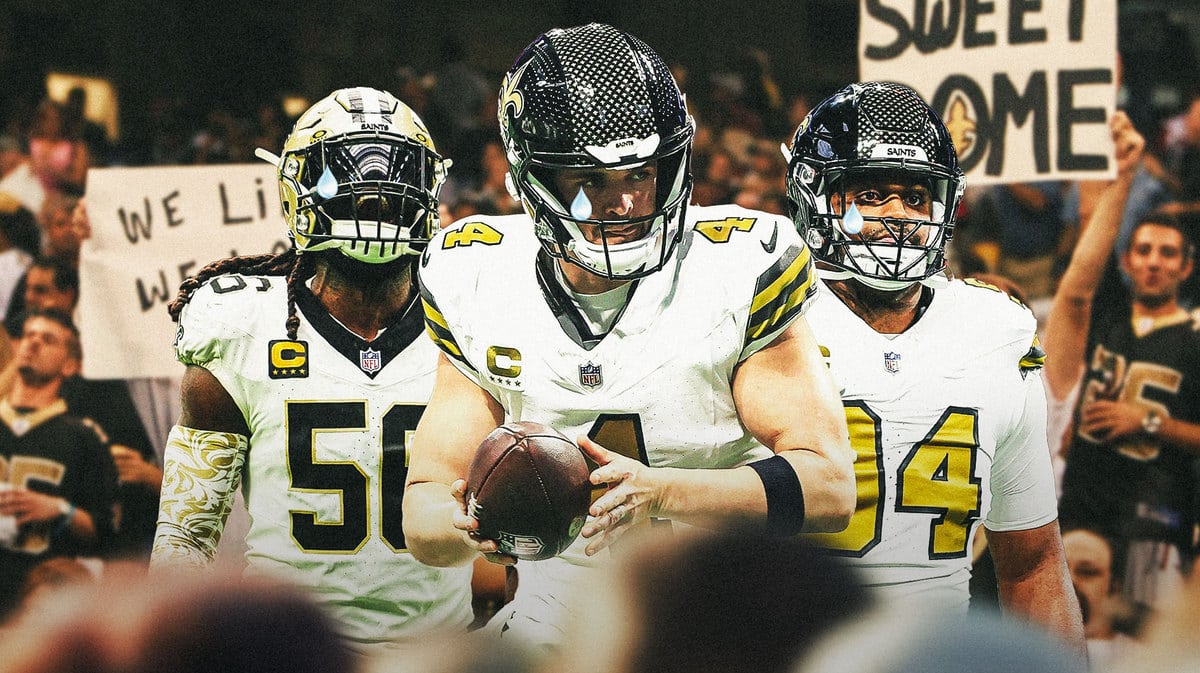 Derek Carr, Cameron Jordan, Demario Davis all with tear emojis 💧 and with crying New Orleans Saints fans in the background.