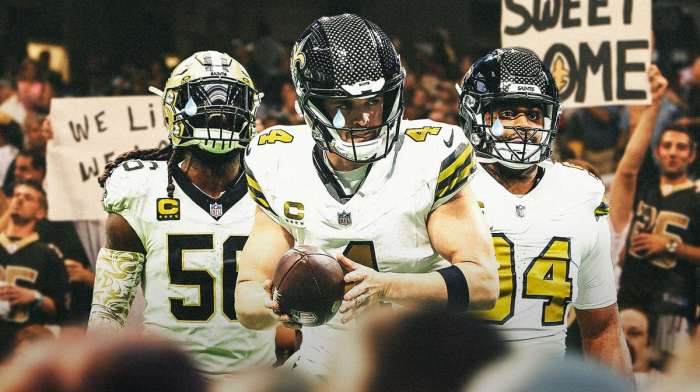 Derek Carr, Cameron Jordan, Demario Davis all with tear emojis 💧 and with crying New Orleans Saints fans in the background.
