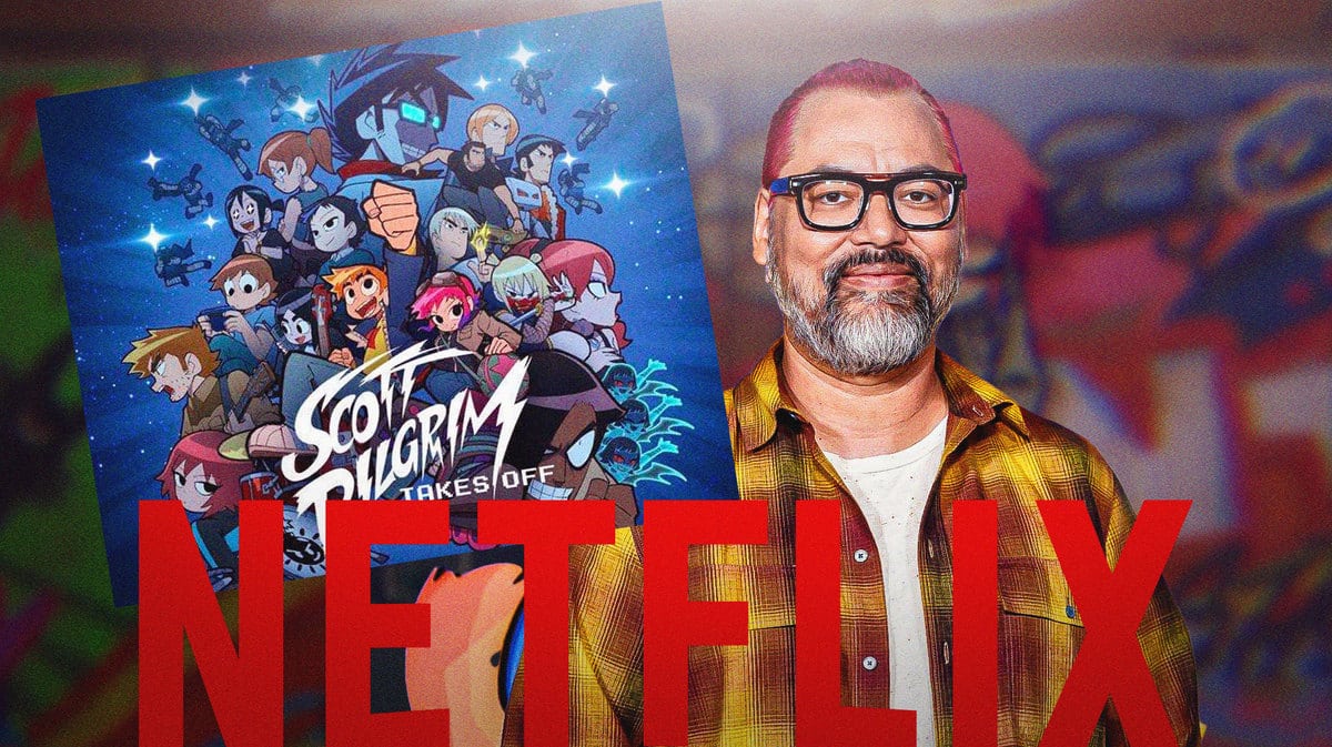 Scott Pilgrim Takes Off poster next to Bryan Lee O'Malley and Netflix logo.