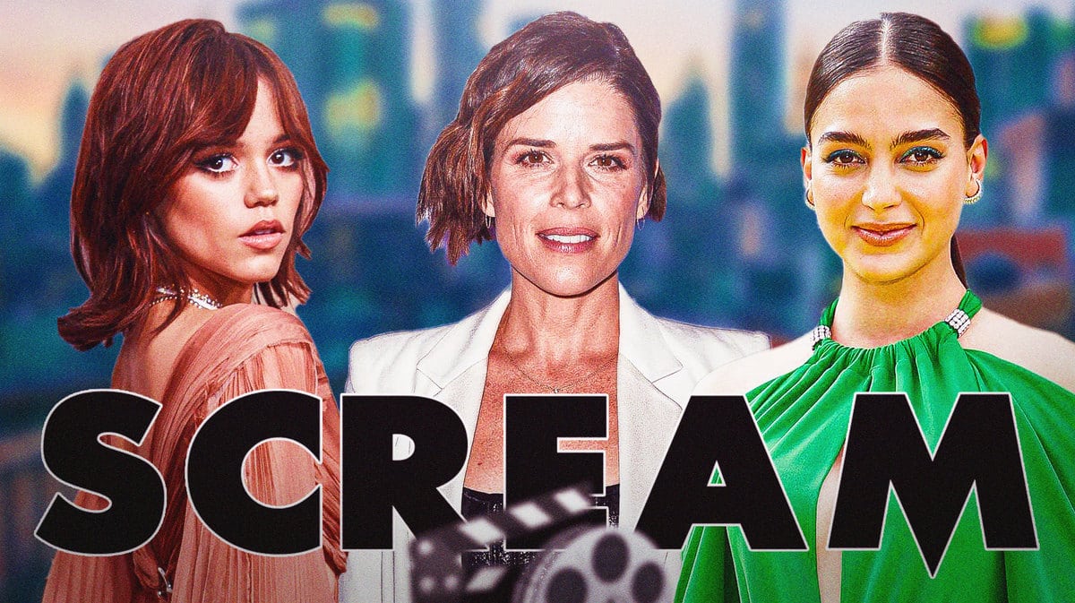 Jenna Ortega, Neve Campbell, and Melissa Barrera behind Scream logo.