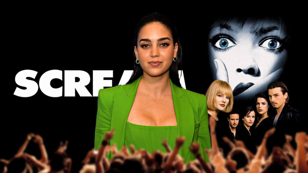 Melissa Barrera in front of Scream logo and poster.