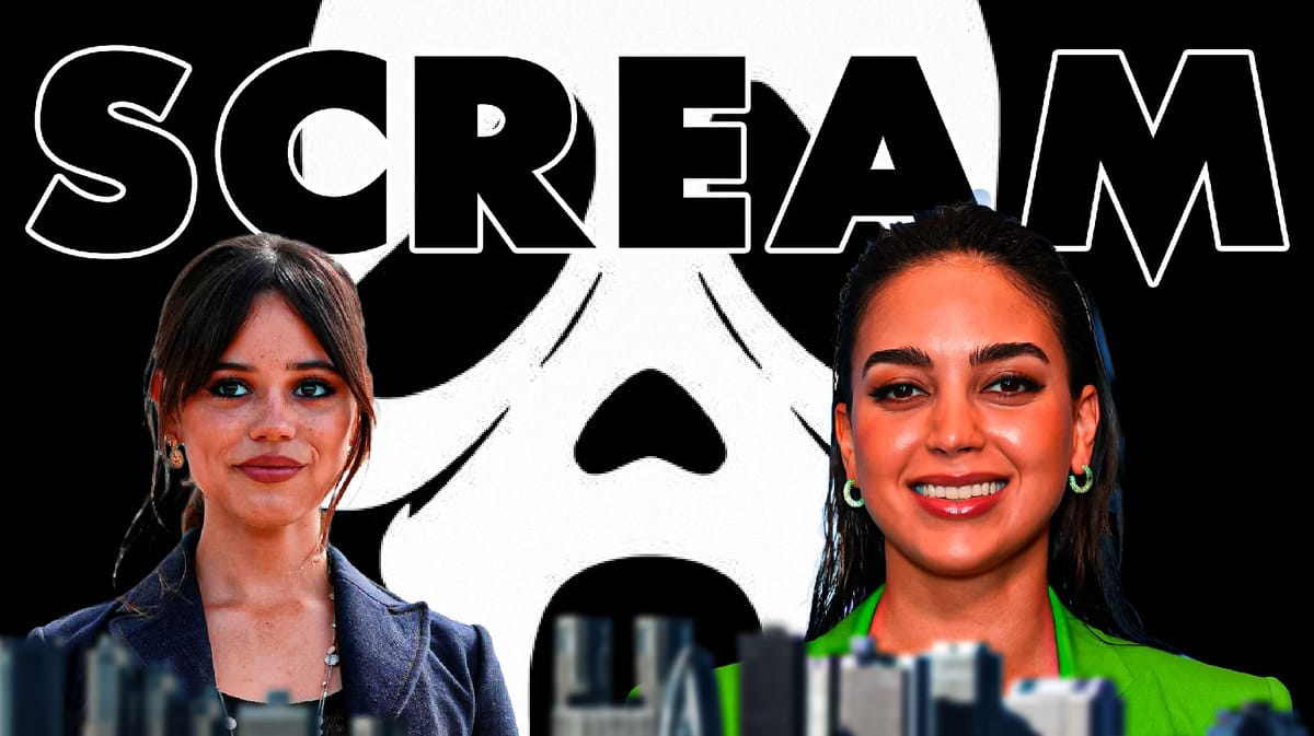 Jenna Ortega and Melissa Barrera in front of Scream logo and Ghostface.