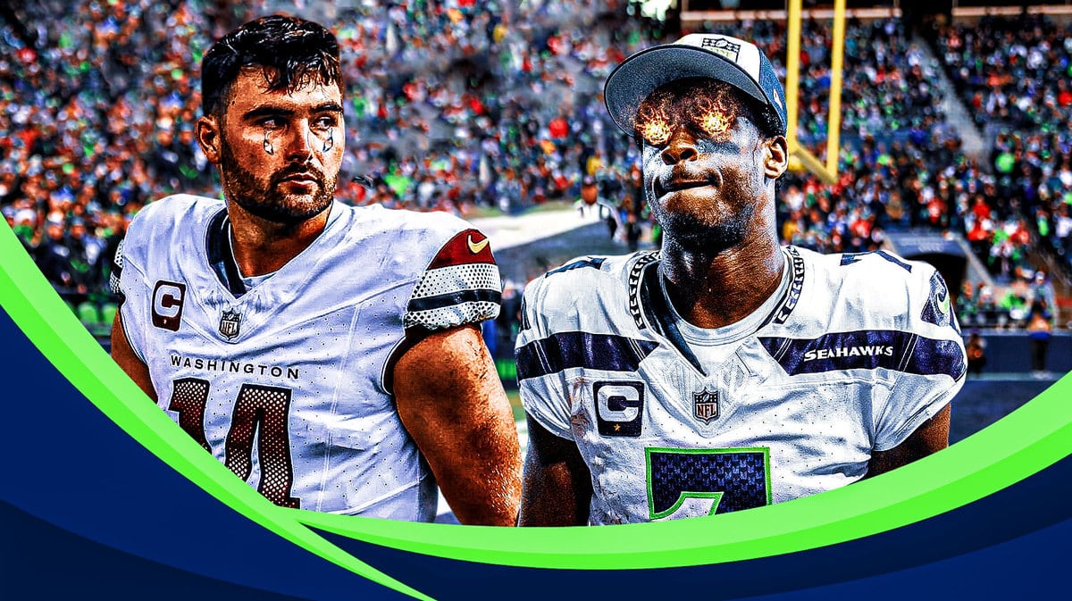 Seahawks QB Geno Smith with fire in his eyes, Commanders QB Sam Howell with animated tears