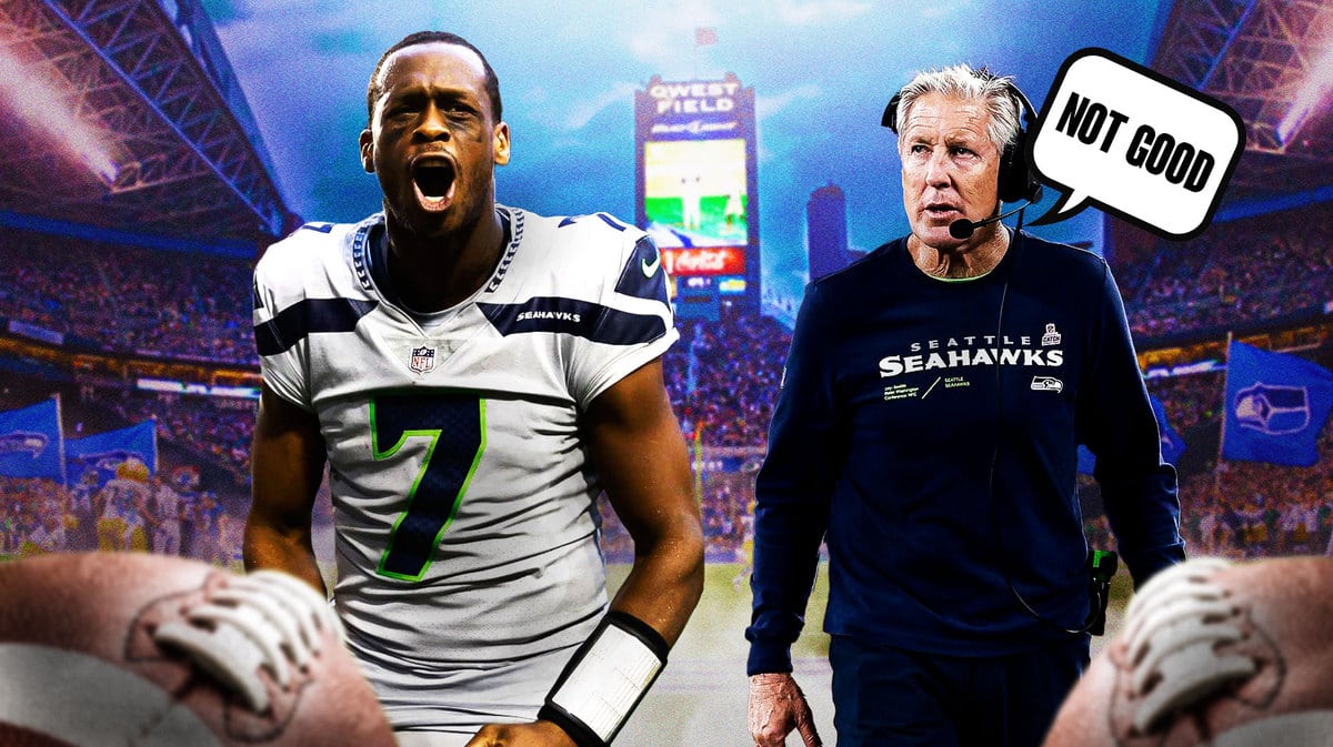 Seattle Seahawks coach Pete Carroll and speech bubble “Not Good” and image of Seahawks QB Geno Smith looking sad/mad
