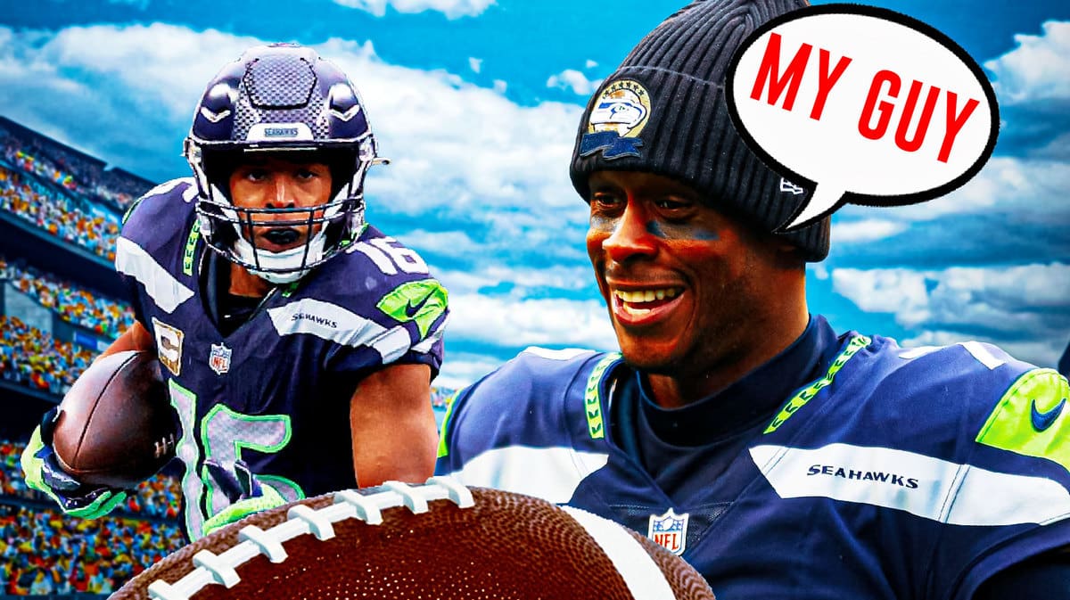 Tyler Lockett in action in Seahawks jersey, Geno Smith smiling beside him saying “My guy”