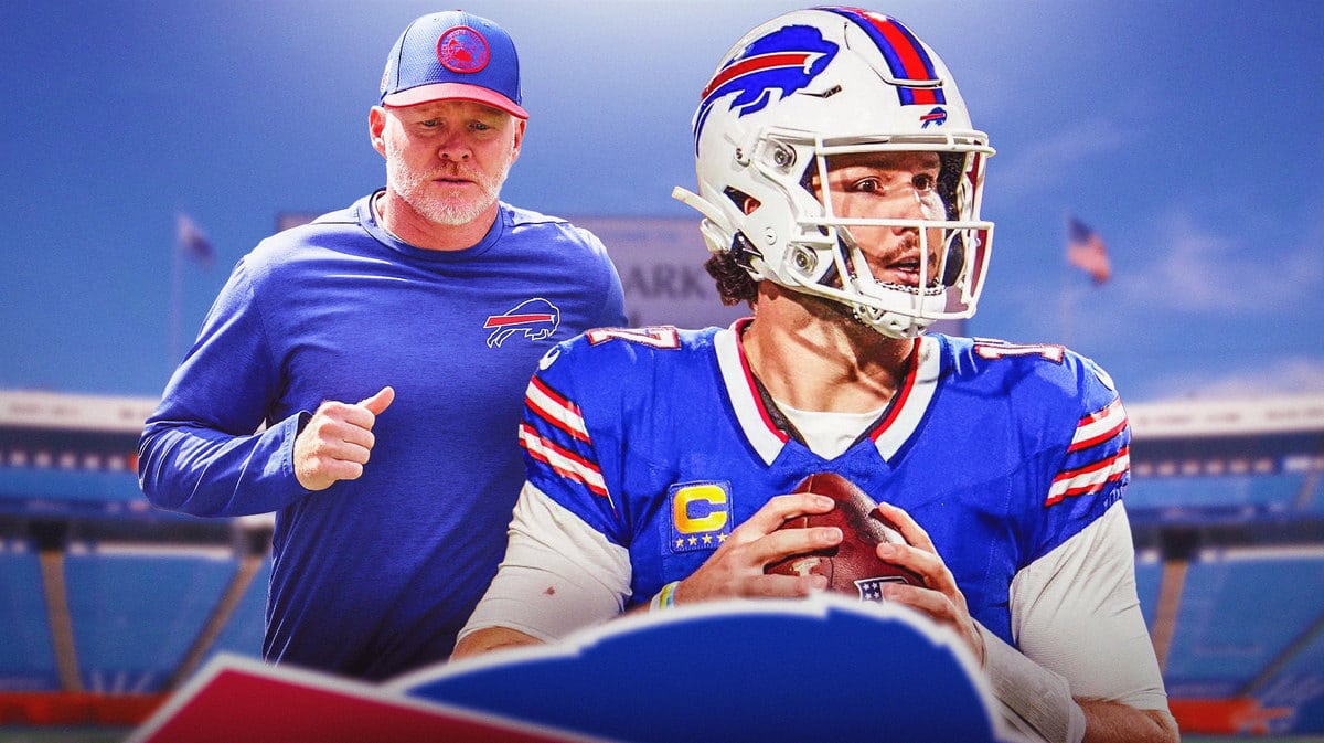 Josh Allen throwing the football with Sean McDermott in the background