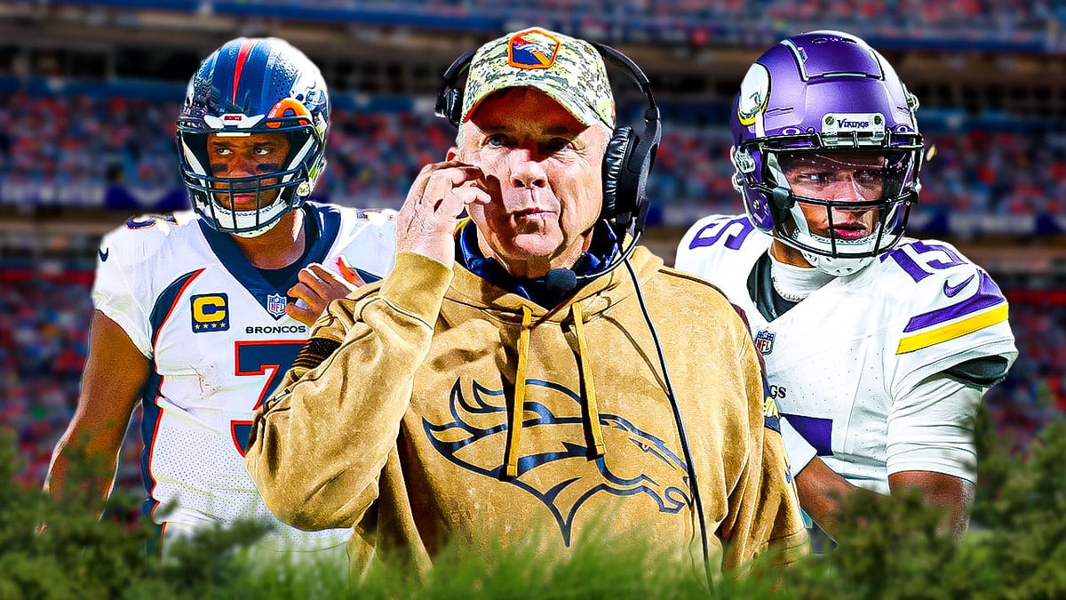Denver Broncos' Sean Payton and Russell Wilson and Minnesota Vikings' Joshua Dobbs