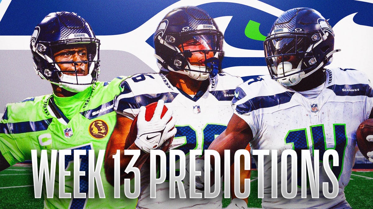 Geno Smith, Zach Charbonnet, DK Metcalf all beside each other with the Seattle Seahawks logo in the background.