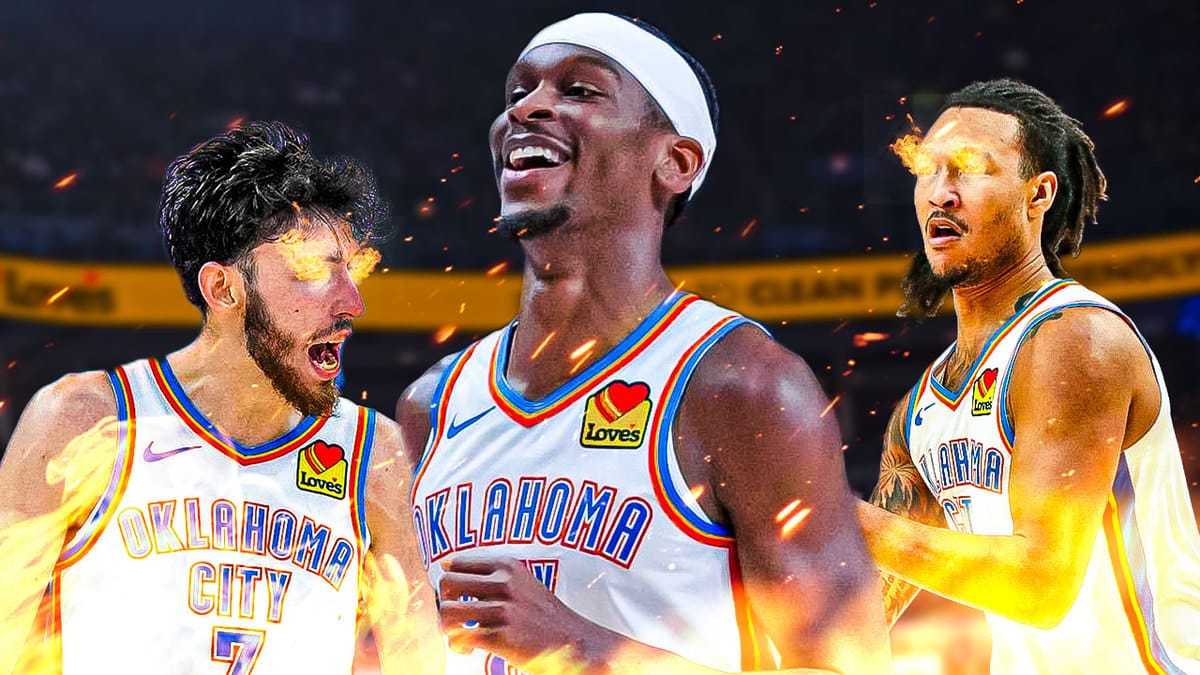 Thunders' Shai Gilgeous-Alexander smiling while Chet Holmgren and Jaylin Williams have fire in their eyes