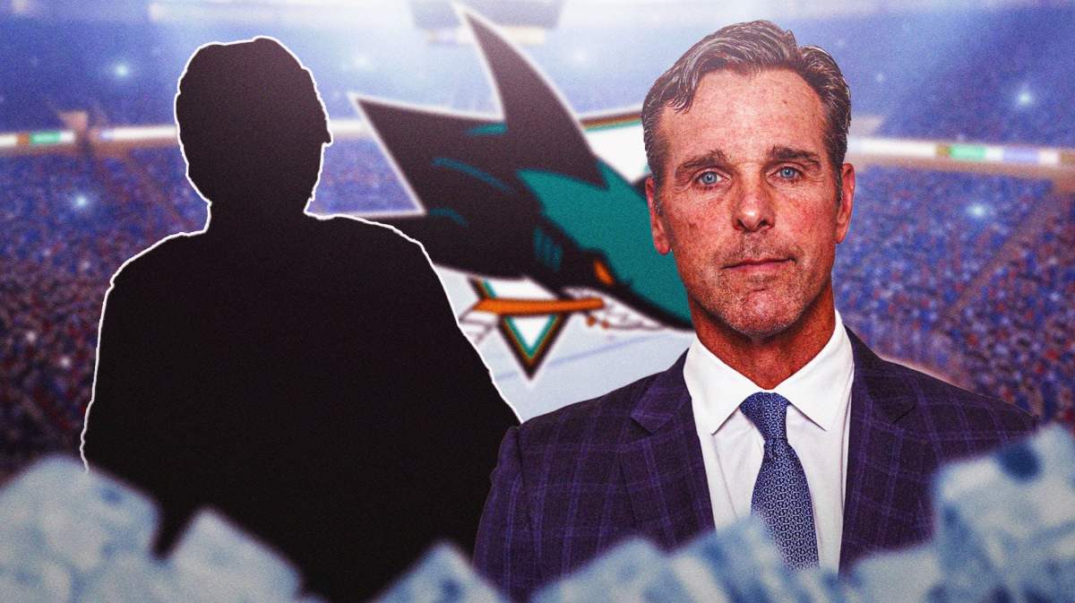 David Quinn, Sharks logo, Calen Addison as a silhouette.