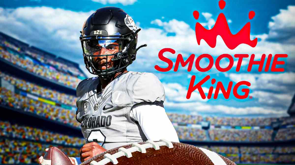 Colorado football, Shedeur Sanders, Smoothie King, Shedeur Sanders NIL, Shedeur Sanders Smoothie King, Shedeur Sanders and Smoothie King logo with Colorado football stadium in the background