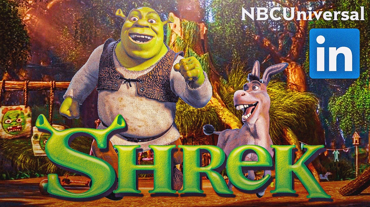 Shrek logo and character with Donkey in swamp next to NBCUniversal logo and LinkedIn logo.
