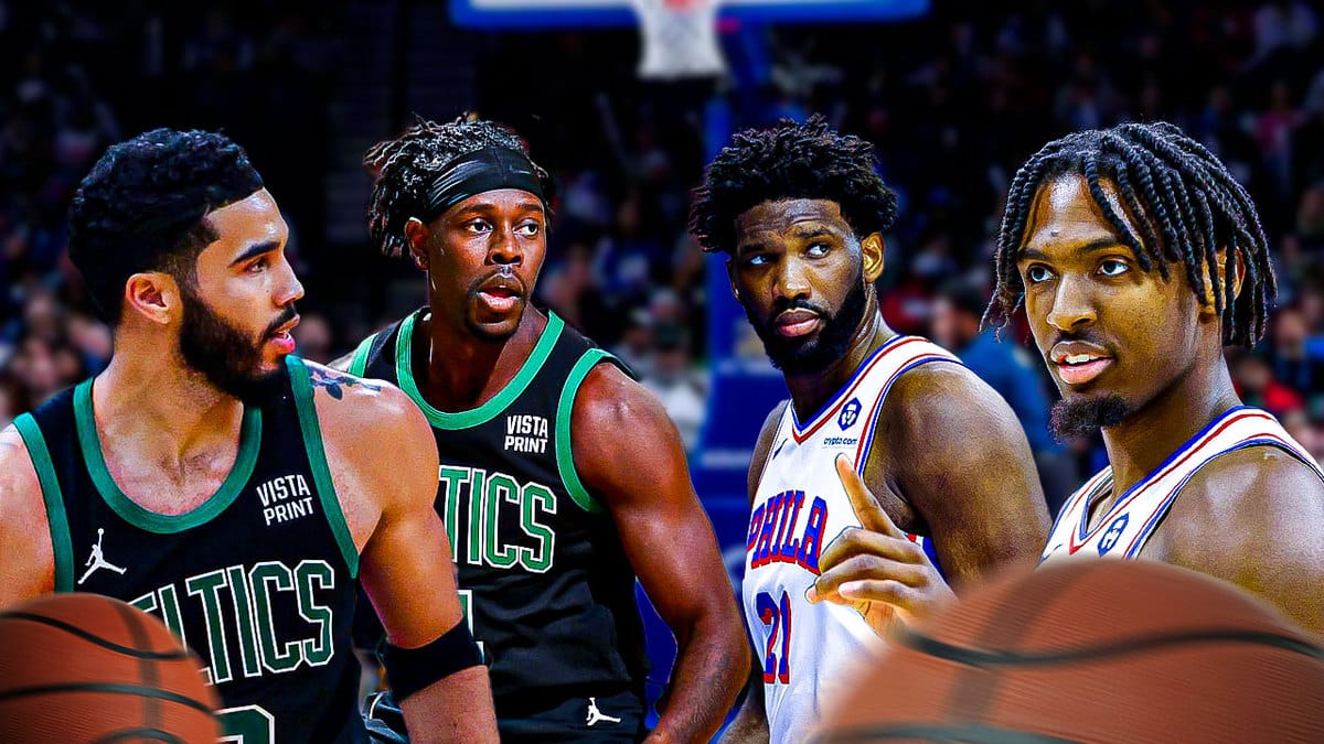 Celtics stars Jayson Tatum and Jrue Holiday next to Sixers stars Joel Embiid and Tyrese Maxey