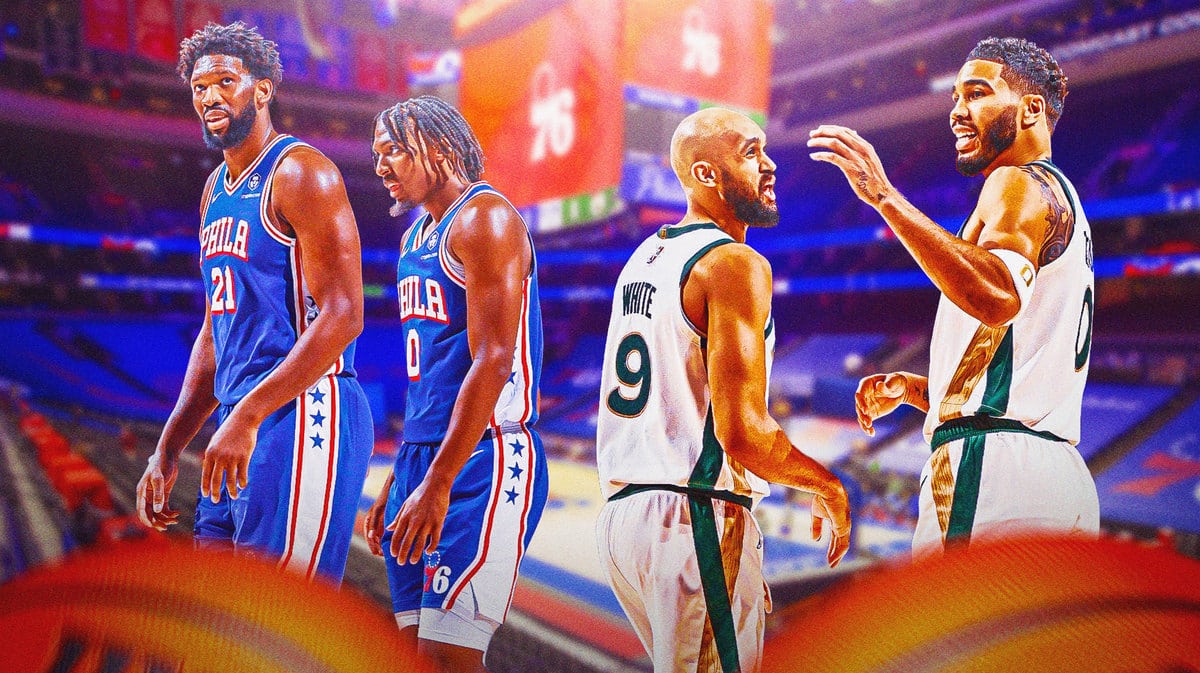 Sixers players Joel Embiid and Tyrese Maxey and Celtics players Derrick White and Jayson Tatum