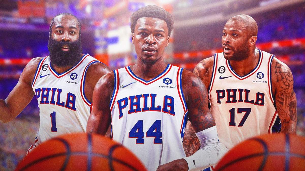 Sixers players James Harden, Paul Reed and PJ Tucker at the Wells Fargo Center