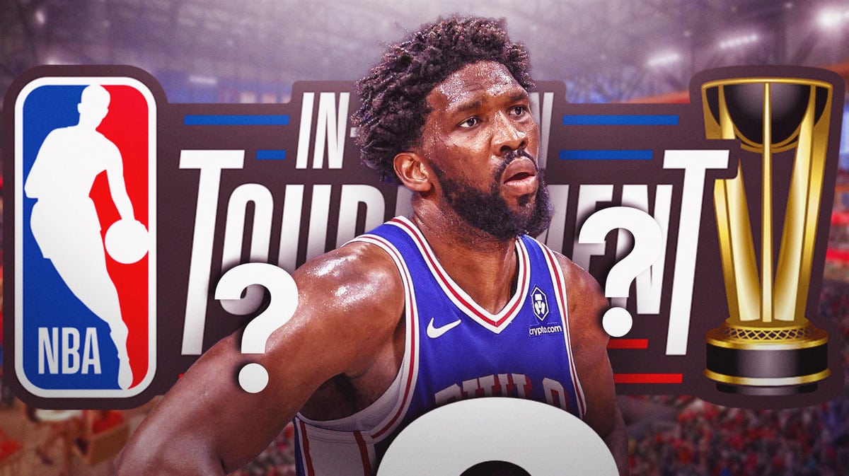 Sixers' Joel Embiid in front of the NBA In-Season Tournament logo
