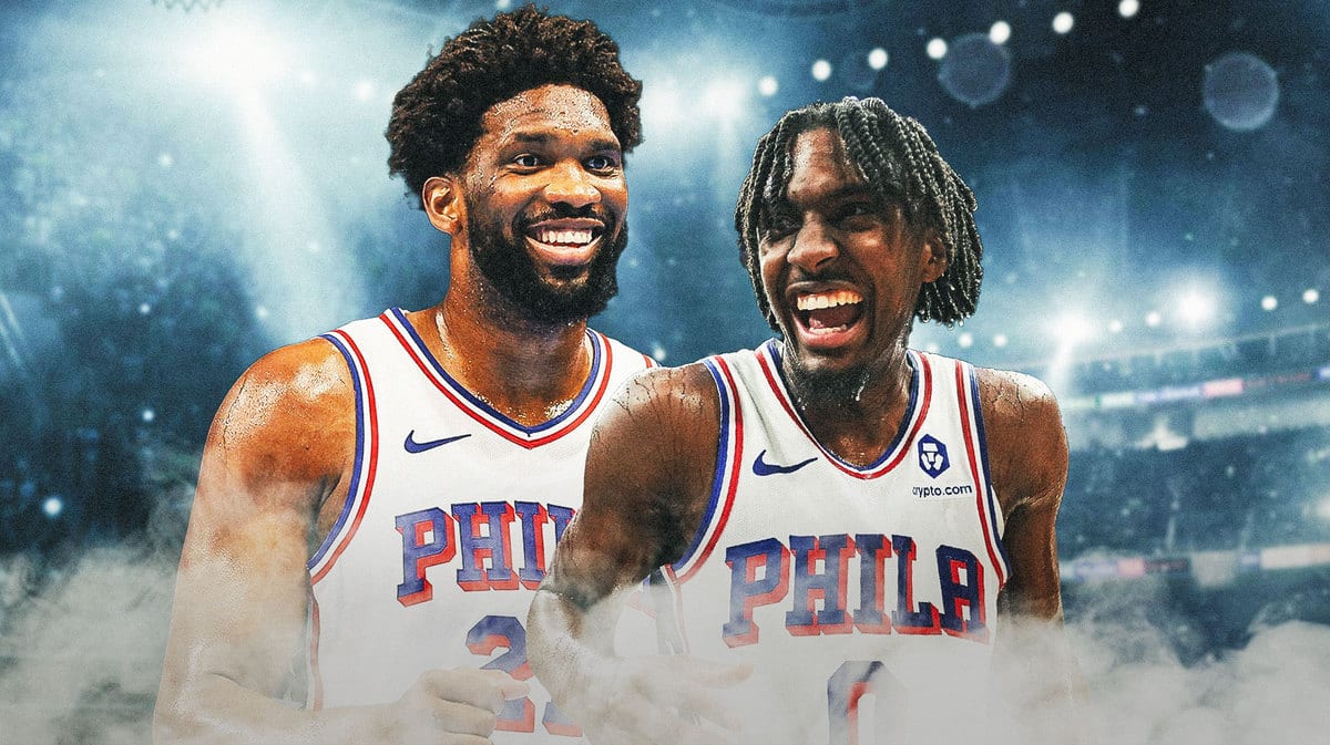 Sixers players Joel Embiid and Tyrese Maxey