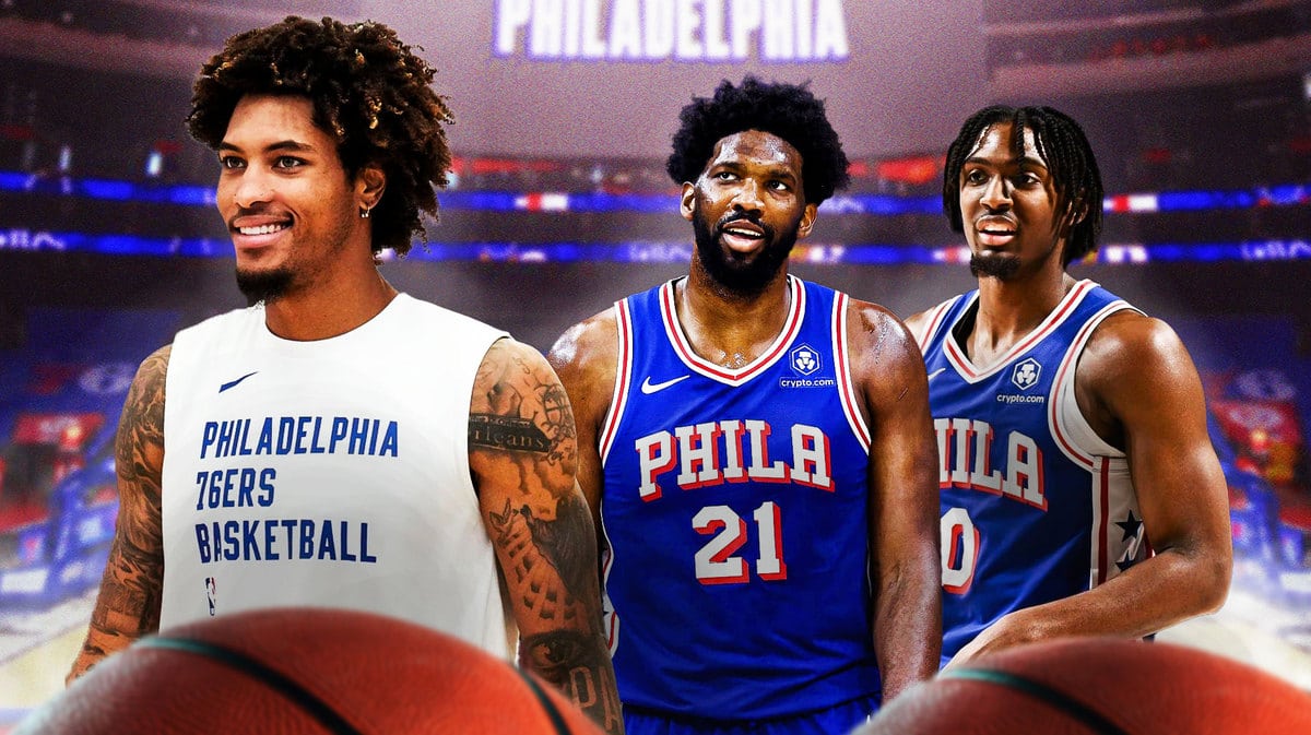 Sixers players Kelly Oubre Jr, Joel Embiid and Tyrese Maxey