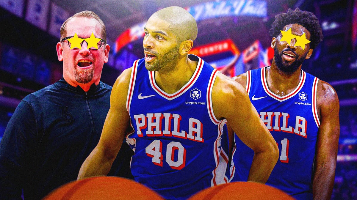 Sixers coach Nick Nurse and center Joel Embiid wit stars in their eyes looking at Nicolas Batum