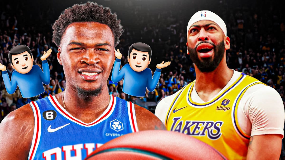 Sixers' Paul Reed smiling, with Lakers' Anthony Davis looking angry, with shrug emojis all over Reed
