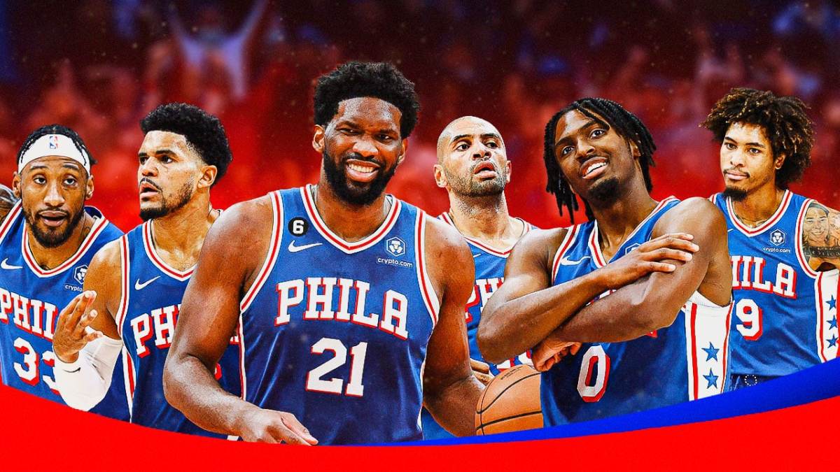 Sixers players Robert Covington, Tobias Harris, Joel Embiid, Nicolas Batum, Tyrese Maxey and Kelly Oubre Jr