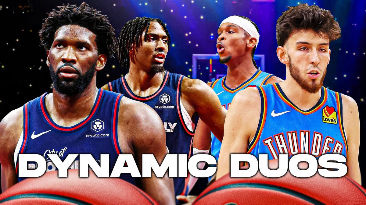 Sixers stars Joel Embiid, Tyrese Maxey and Thunder stars Shai Gilgeous-Alexander and Chet Holmgren behind the caption "dynamic duos"