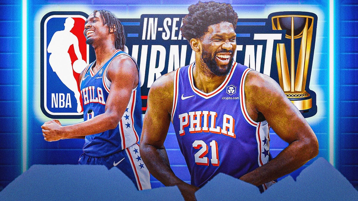 Sixers players Tyrese Maxey and Joel Embiid in front of the NBA In-Season Tournament logo