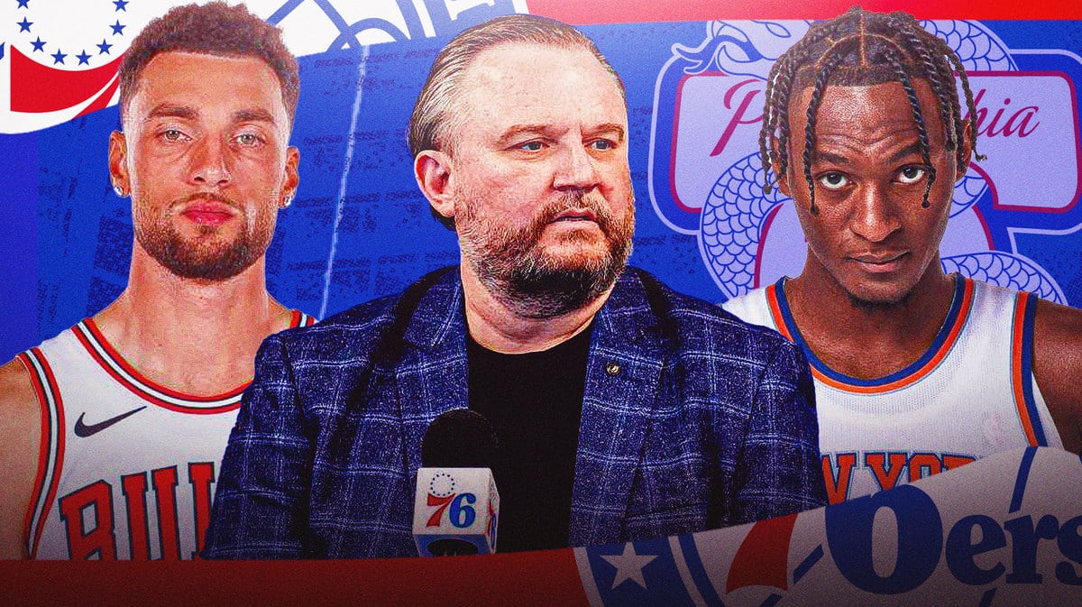Zach LaVine, Daryl Morey and Immanuel Quickley with Sixers logo in background