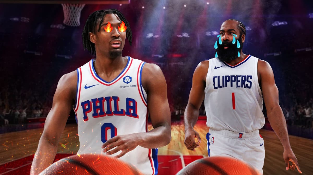 Clippers' Tyrese Maxey with fire in his eyes. James Harden with animated tears