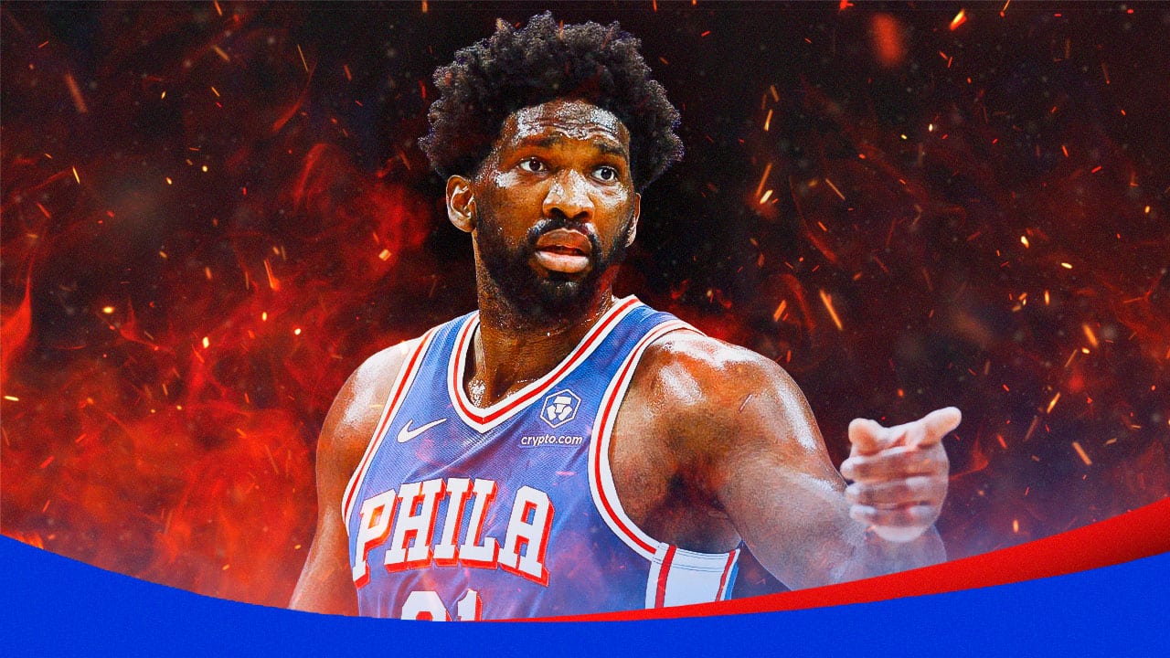 Action shot of Sixers' Joel Embiid on fire