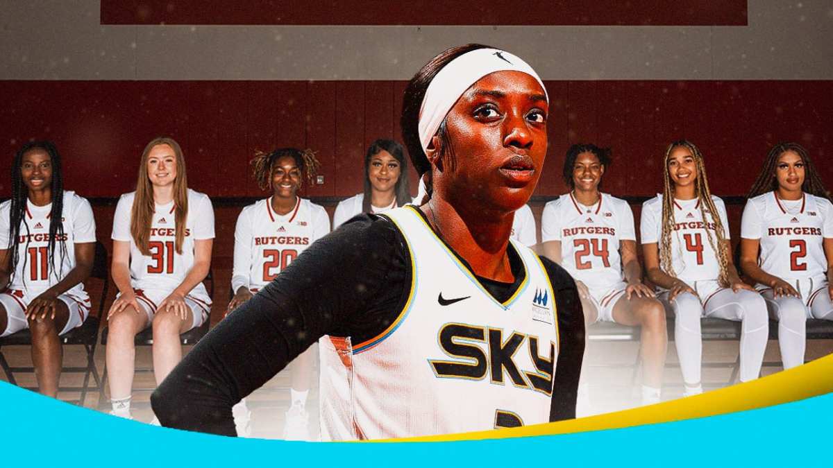 WNBA Chicago Sky player Kahleah Copper in her Sky uniform, in front of Rutgers women’s basketball players