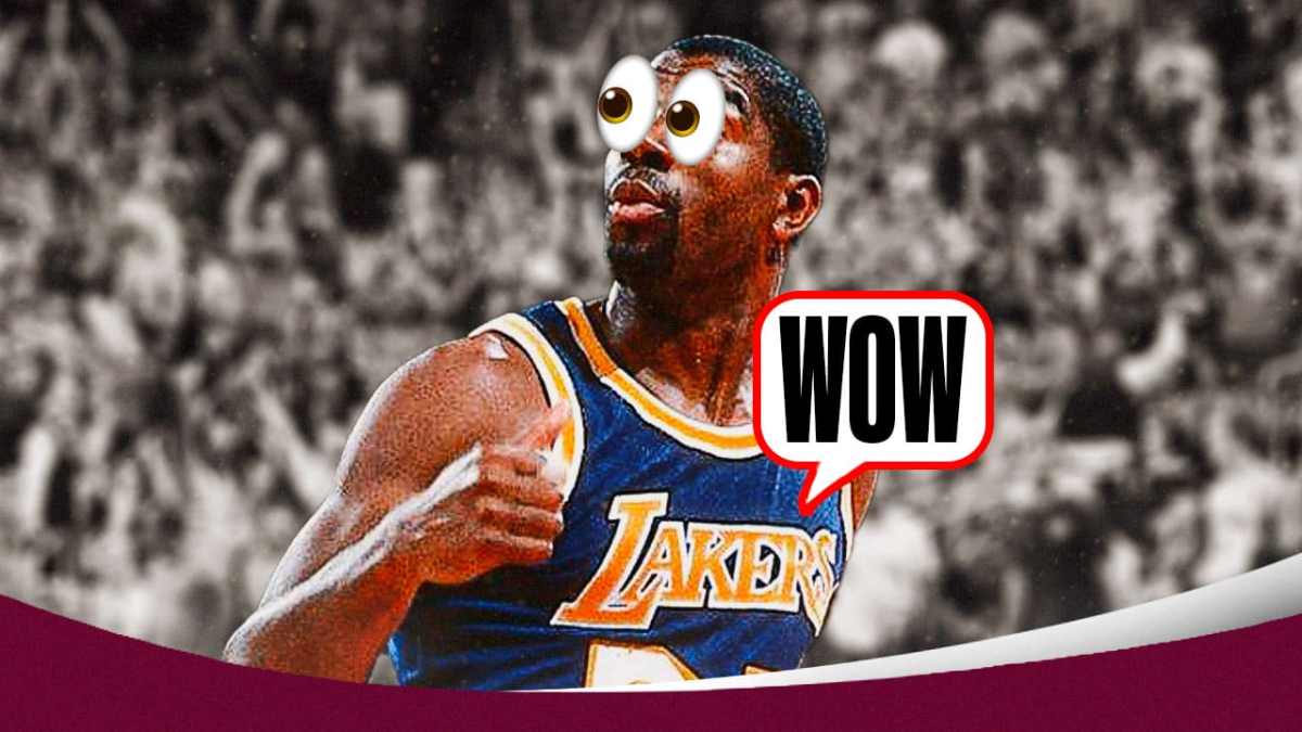 Magic Johnson with the eye 👀 emojis in his eyes and a text bubble saying “wow” in reaction to South Carolina Women's basketball player MiLaysia Fulwiley