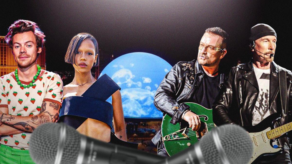 Harry Styles and Taylor Russell next to Bono and The Edge of U2 in front of Sphere.